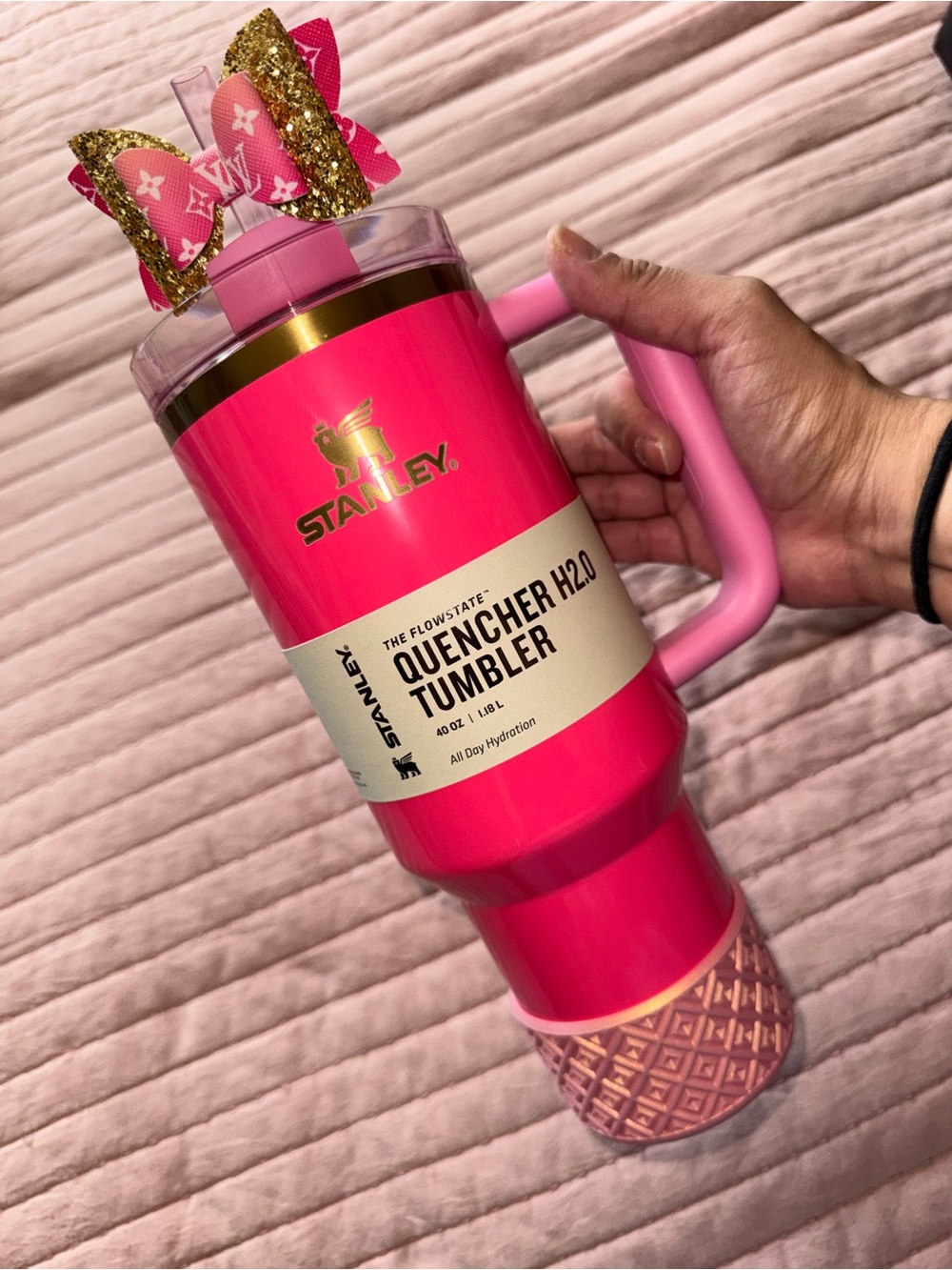 Stanley Hot Pink Quencher Tumbler with Gold Trim